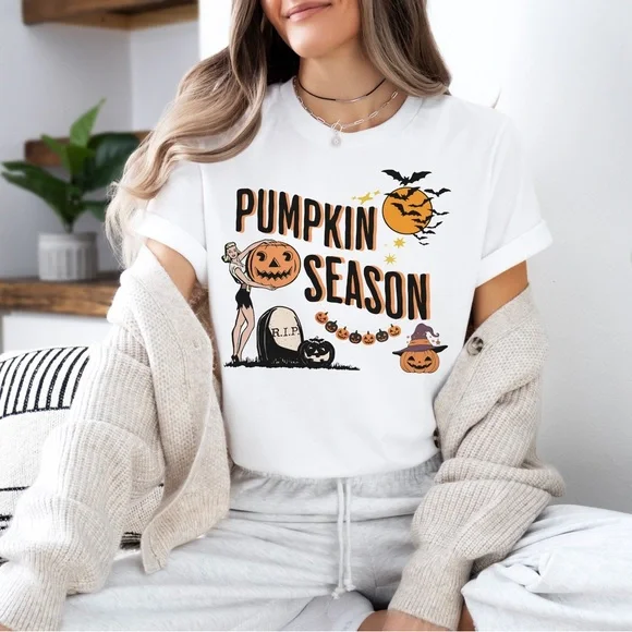 Pumpkin Season, Cute Fall Shirt, Halloween Pumpkin Cotton T Shirt, Graphic Tee - Picture 2 of 4